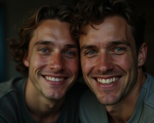 High quality portrait photo of two men, happy face, detailed face, cinematic shot