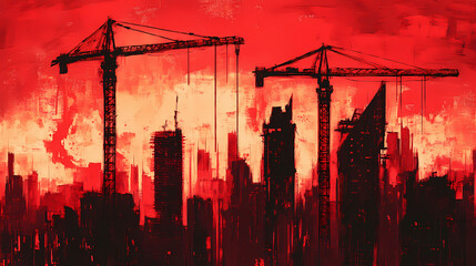 Red cityscape crane construction skyline art. Crimson Harbor. Illustration