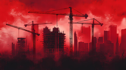Red cityscape crane construction skyline art. Crimson Harbor. Illustration