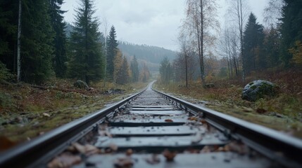 Fototapeta premium Railway tracks vanish into a misty forest, evoking mystery and the allure of a journey into the unknown.