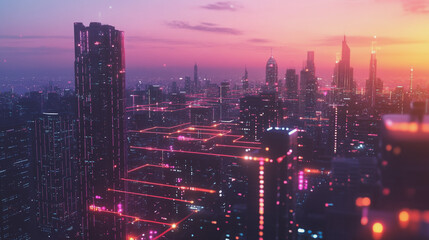 Fototapeta premium Smart digital Innovation city with connection network reciprocity over the twilight cityscape. of future smart wireless digital city and social media networking systems that connects people with city