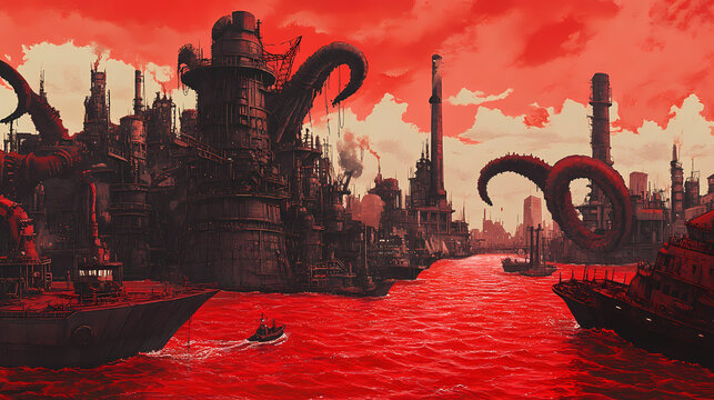 Scarlet seas and steel giants uniting economies. Crimson Harbor. Illustration