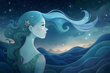 Mystical Woman Ocean Waves Stars Hair Flowing Surreal Dreamy Portrait Art
