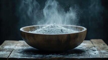 Steaming flour in bowl, rustic kitchen, baking