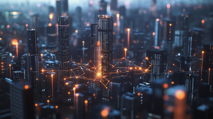 Fototapeta premium Smart digital Innovation city with connection network reciprocity over the twilight cityscape. of future smart wireless digital city and social media networking systems that connects people with city