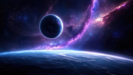 Stunning cosmic scene of planet with vibrant celestial clouds, and stars