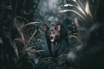 Naklejka premium A Tasmanian devil with a fierce expression, its sharp teeth bared, in a dense forest undergrowth.