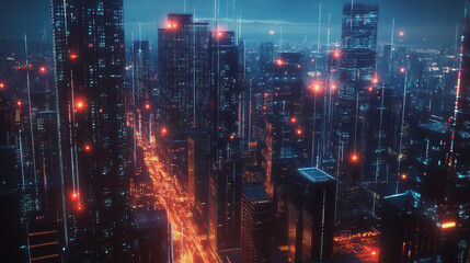 Obraz premium Smart digital Innovation city with connection network reciprocity over the twilight cityscape. of future smart wireless digital city and social media networking systems that connects people with city