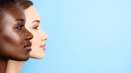 Naklejka premium Profile views of African woman and Caucasian against blue background