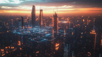 Obraz premium Smart digital Innovation city with connection network reciprocity over the twilight cityscape. of future smart wireless digital city and social media networking systems that connects people with city