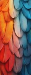 Fototapeta premium Vibrant bird feathers close-up, red blue gradient, textured background, nature design