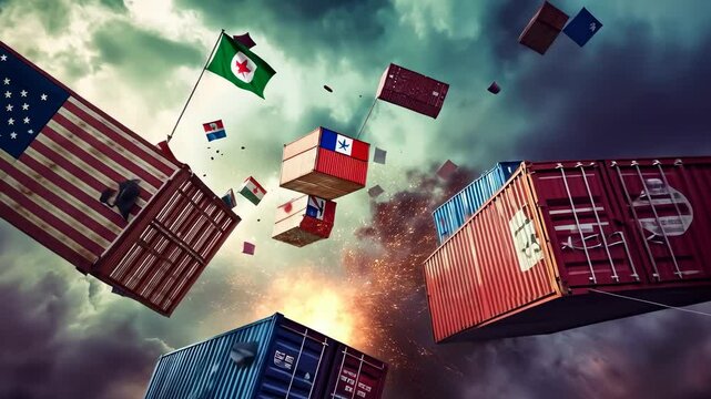 Containers flags crash spectacularly sky.Vivid cargo fly clouds.USA and China marked boxes collide,suggesting trade tensions.Dynamic aerial accident.Symbolic representation economic conflicts.