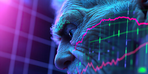 Elderly Man's Face Overlaid with Stock Market Graph