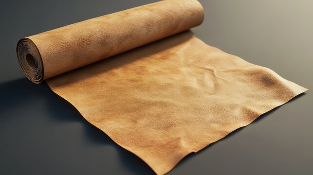 Rolled tan fabric on dark surface