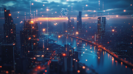 Fototapeta premium Smart digital Innovation city with connection network reciprocity over the twilight cityscape. of future smart wireless digital city and social media networking systems that connects people with city