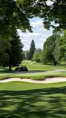 Fototapeta premium Golf cart parked near sand trap on a lush green golf course surrounded by trees in a sunny afternoon