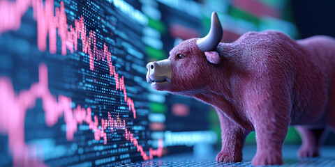 Pink Bull Figurine and Decreasing Stock Market Graph