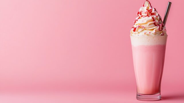 Strawberry milkshake with whipped cream, syrup, and straw against pink background