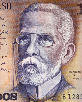 Machado de Assis (1839 &ndash; 1908) portrait on Brazilian 1000 cruzados (1987) banknote close up. Pioneer Brazilian writer, novelist, poet. Greatest writer of Brazilian literature.