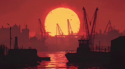 Obraz premium A crimson sunset over the harbor. Crimson Harbor. Illustration