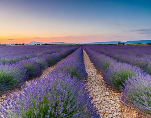 Obraz premium Scenic Sunset Over Violet Lavender Fields in Provence, France, Capturing Summer's Blooming Beauty