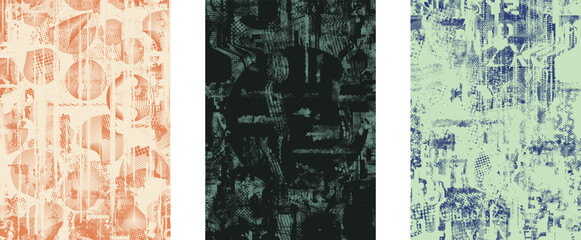 Background with glitch distorted grunge textures . grunge background texture with halftone dots, glitched shapes, textures and lines .Screen print vector background with grunge textured surface.