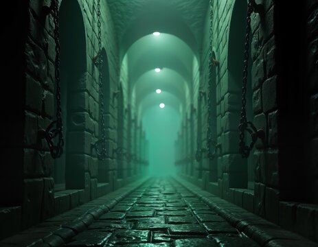 Mysterious stone corridor with chains. Dim light, fog create eerie atmosphere. Ancient architecture. Underground space. Confinement, mystery. Exploration. Adventure. Dark. Haunting. Eerie. Ancient.