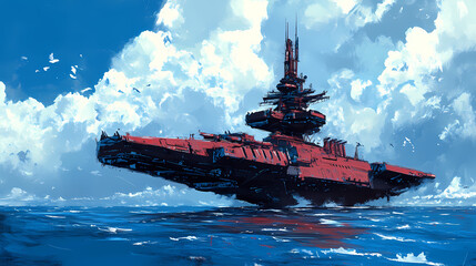 Colossal crimson ship majestically sails across the expansive blue ocean massive. Crimson Harbor. Illustration