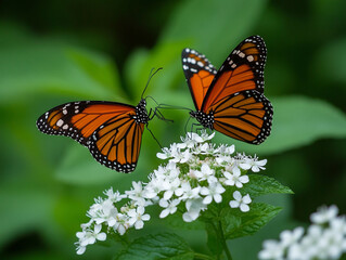 Fototapeta premium Monarch butterflies fluttering around white flowers