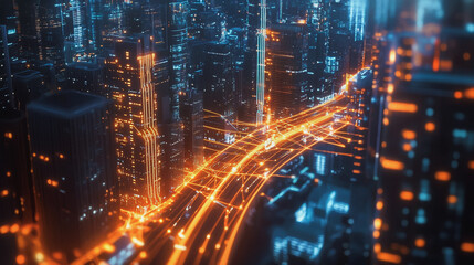 Obraz premium Smart digital Innovation city with connection network reciprocity over the twilight cityscape. of future smart wireless digital city and social media networking systems that connects people with city