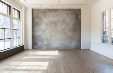 A photo of an empty room with an old wooden floor and white walls. A large wall is painted with a distressed texture. The room has natural light 