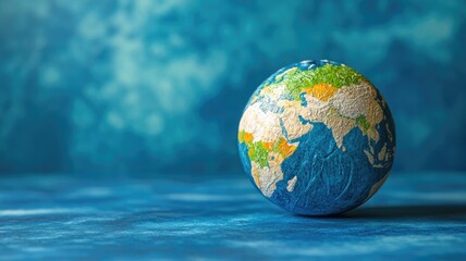 Globe model on blue background showing various continents