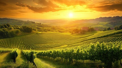 Naklejka premium Tuscan Sunset: Golden Hour Over Rolling Vineyards