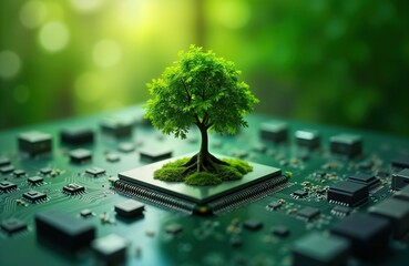 Green tree growing on computer circuit board. Eco-friendly tech concept. Sustainability, innovation in digital technology. Future of computing. Environmentally responsible tech. Green energy,