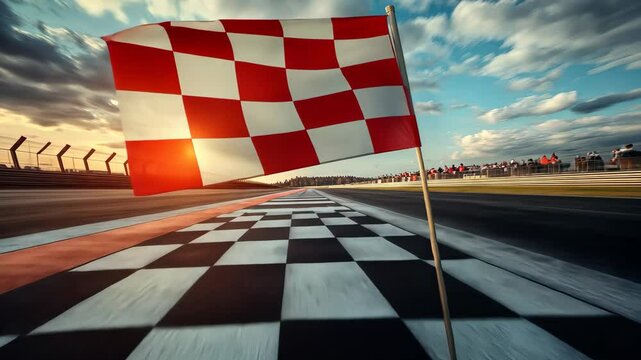 Racing checkered flag waves dramatically against sunset on track finish line