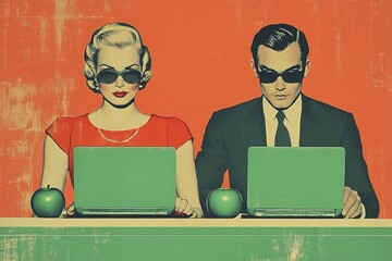 A retro-style image features a man and woman in sunglasses, working on laptops, with green apples on a table against an orange background.