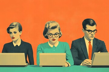 A retro illustration featuring three individuals, two women and a man, focused on their laptops against a vibrant orange background.