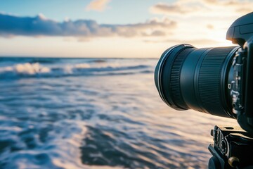 Professional cinema camera recording ocean waves at sunset on beach