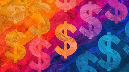 A vibrant, colorful background featuring repeated dollar signs, symbolizing wealth, finance, and economic themes.