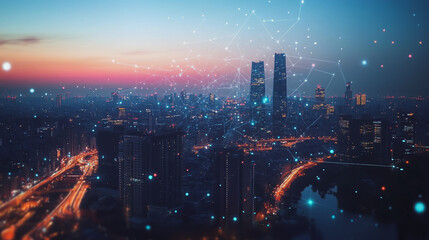 Smart digital Innovation city with connection network reciprocity over the twilight cityscape. of future smart wireless digital city and social media networking systems that connects people with city