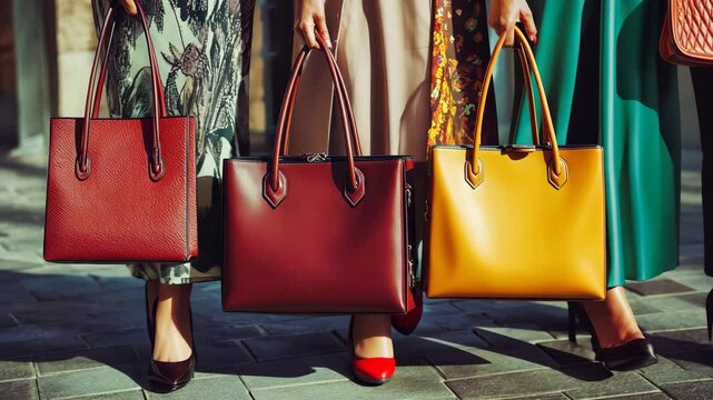 Stylish walking women display vibrant leather handbags in urban setting