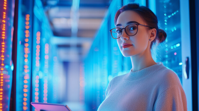 Female Technician Analyzing Data in Modern Data Center
