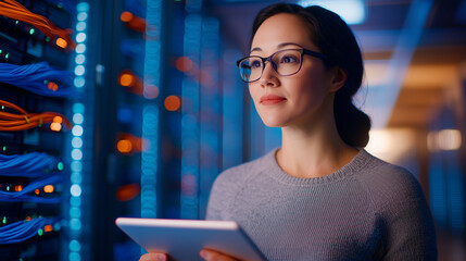 Female Technician Analyzing Data in Modern Data Center