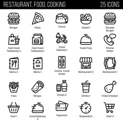 Set of 25 outline icons related to food and drink. Linear icon collection.Vector illustration
