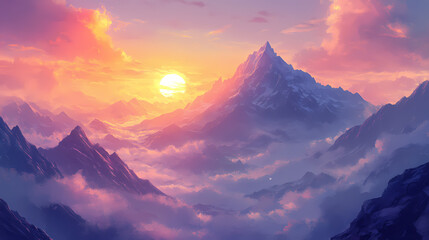 Serene sunrise over mountains with a distant peak and misty valleys at dawn. Dawn Ridge. Illustration