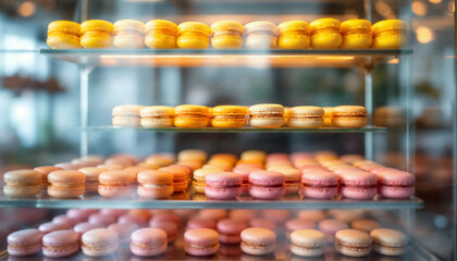 A colorful assortment of macarons in an elegant glass case, perfect for culinary promotions.