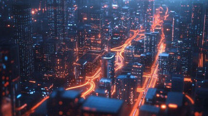 Smart digital Innovation city with connection network reciprocity over the twilight cityscape. of future smart wireless digital city and social media networking systems that connects people with city