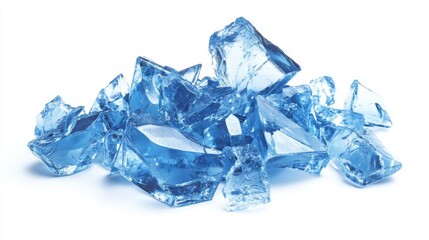 Broken and exploded glass surface flying in bunch of sharp pieces of broken blue crystal or mirror. Realistic vector illustration of transparent crashed beaten shatter and shard ice fragment.