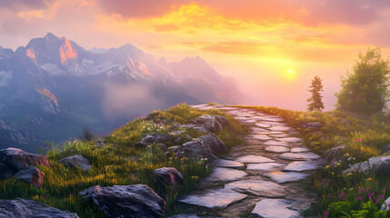 Stone path on mountain ridge at sunrise, overlooking majestic peaks. Dawn Ridge. Illustration