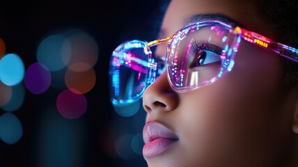 Young black girl in glowing LED glasses, gazing upward with bokeh lights background